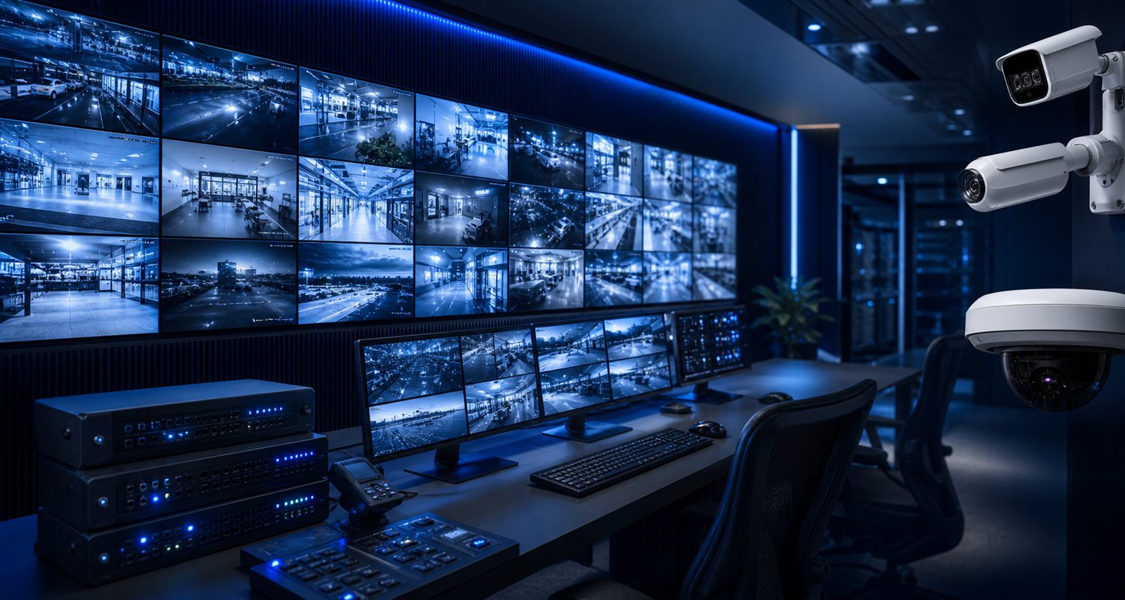 Enterprise CCTV monitoring center with surveillance screens