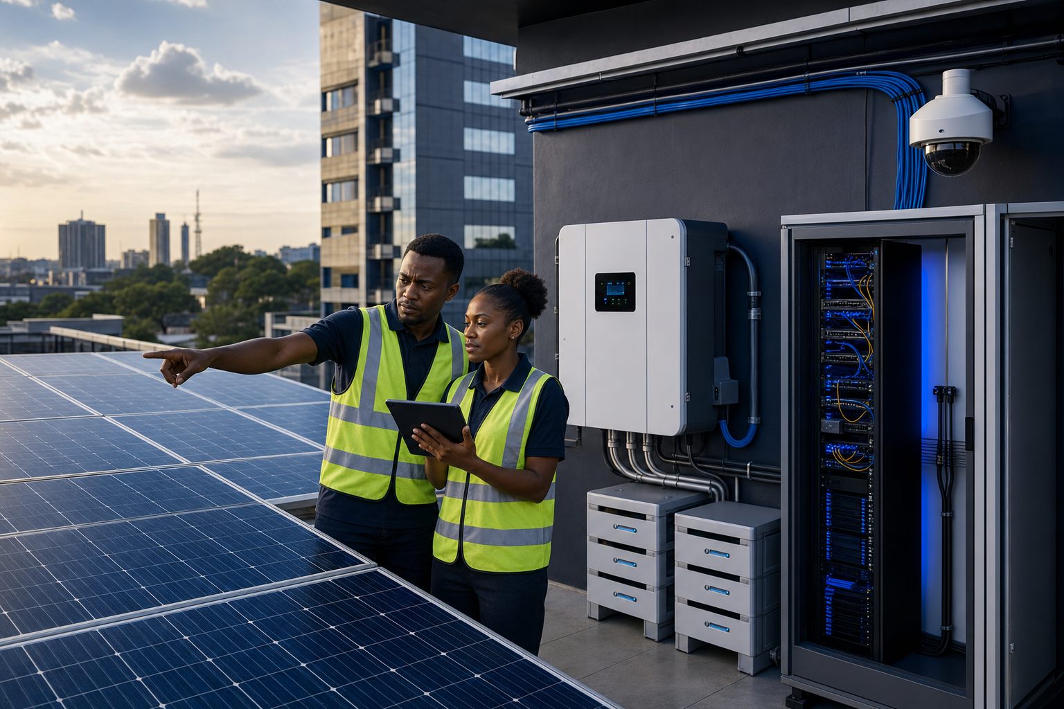 Commercial rooftop solar installation with hybrid inverter and battery storage