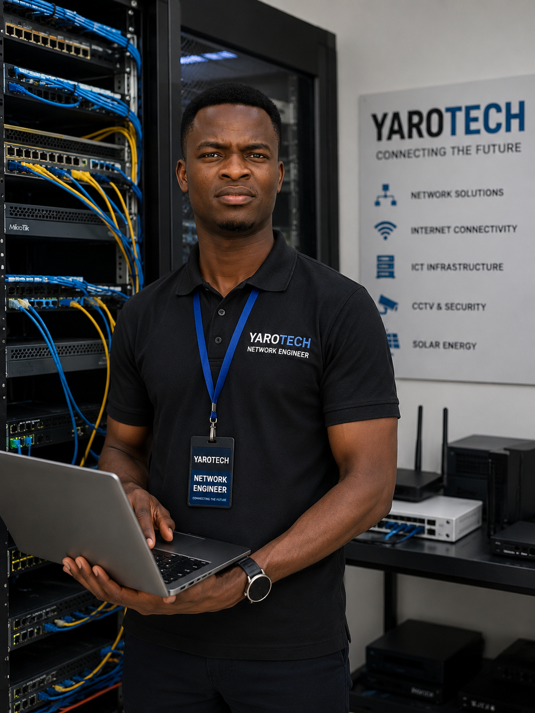 YAROTECH network engineer beside server rack and structured cabling